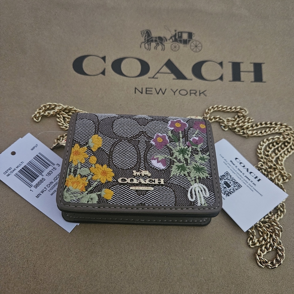 Coach Mini Wallet On a Chain Crossbody Signature Jacquard with Floral Embroidery